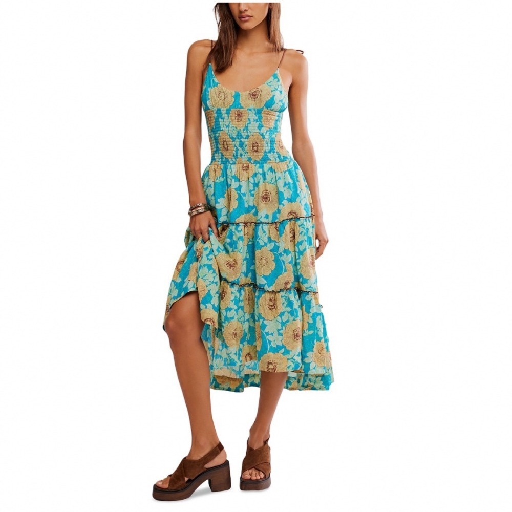 Free People Adriel Midi Dress Hawaiian Ocean Combo Floral Smocked Large NEW